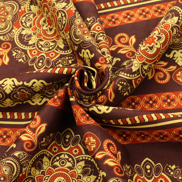 Alternating horizontal rows featuring large, intricate damask or medallion roundels, smaller floral scrollwork, and geometric border stripes.