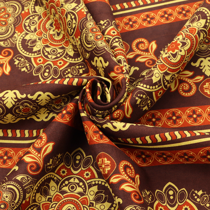 Alternating horizontal rows featuring large, intricate damask or medallion roundels, smaller floral scrollwork, and geometric border stripes.