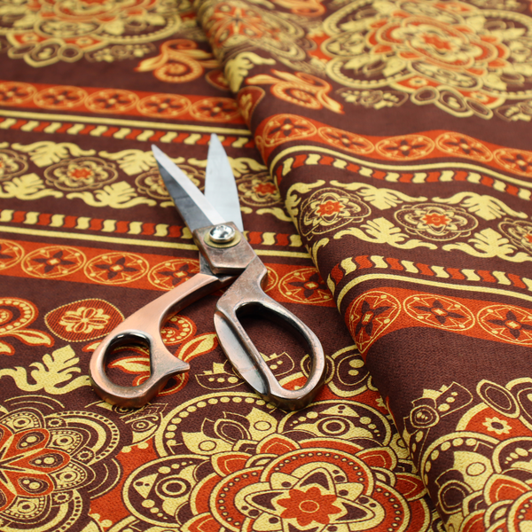 Alternating horizontal rows featuring large, intricate damask or medallion roundels, smaller floral scrollwork, and geometric border stripes.