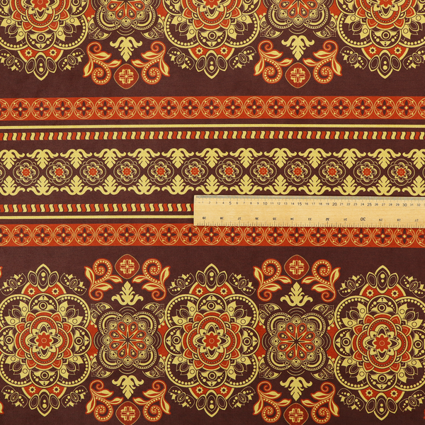 Alternating horizontal rows featuring large, intricate damask or medallion roundels, smaller floral scrollwork, and geometric border stripes.