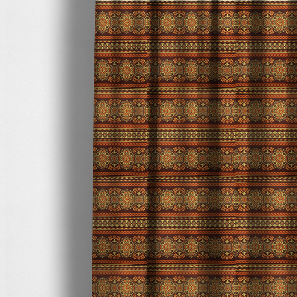 The fabric used to create these made-to-measure curtains is an alternating horizontal rows featuring large, intricate damask or medallion roundels, smaller floral scrollwork, and geometric border stripes.