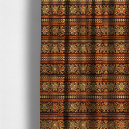 The fabric used to create these made-to-measure curtains is an alternating horizontal rows featuring large, intricate damask or medallion roundels, smaller floral scrollwork, and geometric border stripes.