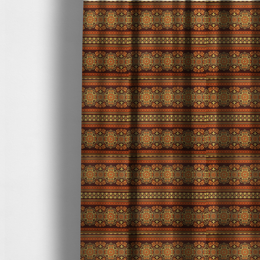 The fabric used to create these made-to-measure curtains is an alternating horizontal rows featuring large, intricate damask or medallion roundels, smaller floral scrollwork, and geometric border stripes.