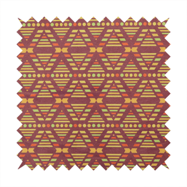 The image features a structured, geometric textile pattern with an Aztec-inspired aesthetic and repeated diamond motifs.