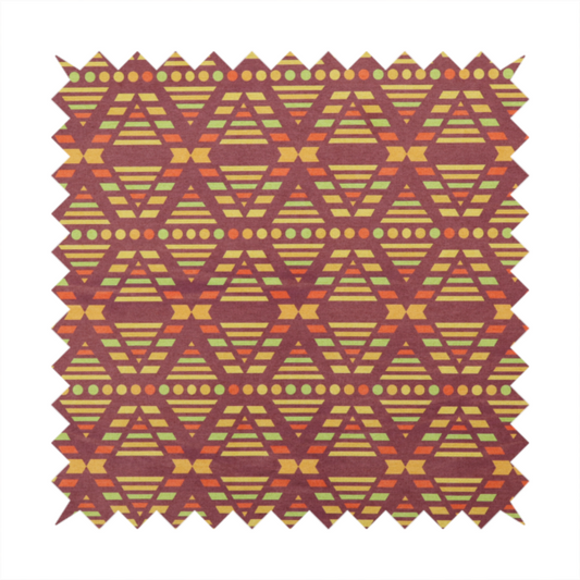 The image features a structured, geometric textile pattern with an Aztec-inspired aesthetic and repeated diamond motifs.
