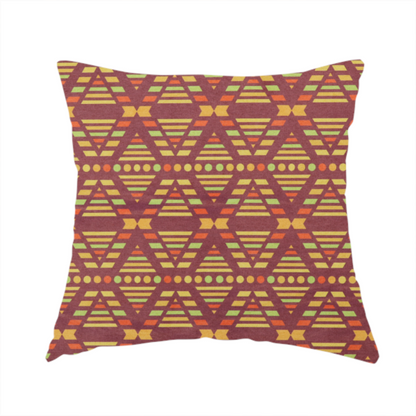 The fabric used to create this handmade cushion is a structured, geometric textile pattern with an Aztec-inspired aesthetic and repeated diamond motifs.