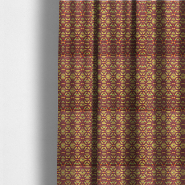 The fabric used to create these made-to-measure curtains is a structured, geometric textile pattern with an Aztec-inspired aesthetic and repeated diamond motifs.