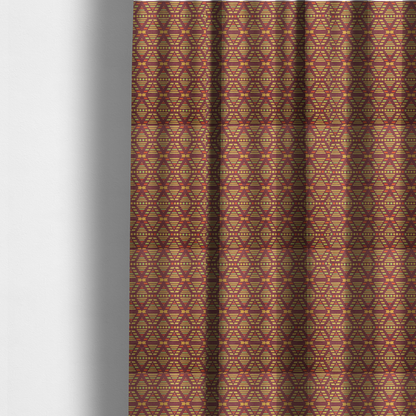 The fabric used to create these made-to-measure curtains is a structured, geometric textile pattern with an Aztec-inspired aesthetic and repeated diamond motifs.