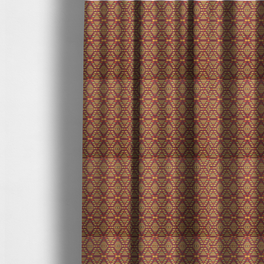 The fabric used to create these made-to-measure curtains is a structured, geometric textile pattern with an Aztec-inspired aesthetic and repeated diamond motifs.