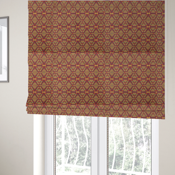 The fabric used to create these Roman blinds is a structured, geometric textile pattern with an Aztec-inspired aesthetic and repeated diamond motifs.