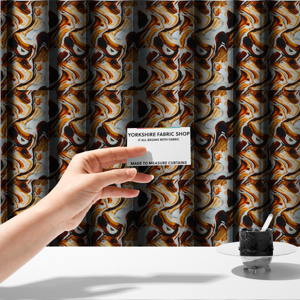 The fabric used to create these made-to-measure curtains is a bold, modern, and high-contrast abstract design that creates an energetic, textured, and sophisticated look.