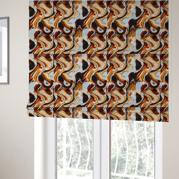 The fabric used to create these Roman blinds is a bold, modern, and high-contrast abstract design that creates an energetic, textured, and sophisticated look.
