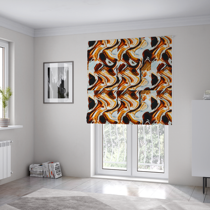 The fabric used to create these Roman blinds is a bold, modern, and high-contrast abstract design that creates an energetic, textured, and sophisticated look.