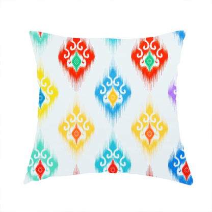 The fabric used to create this handmade cushion is a colourful, patterned textile with an ikat-style design and repeating diamond motifs.