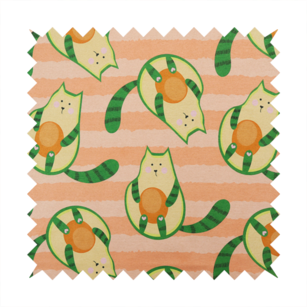 A playful repeating pattern fabric featuring whimsical illustrated "avocatos"—cats shaped like avocado halves with green striped tails and orange pits—over a light peach background with horizontal orange stripes.
