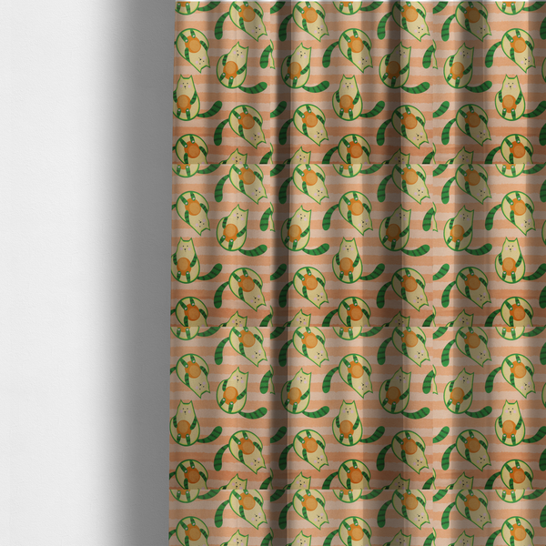 The fabric used to create these made-to-measure curtains is a playful repeating pattern fabric featuring whimsical illustrated "avocatos"—cats shaped like avocado halves with green striped tails and orange pits—over a light peach background with horizontal orange stripes.