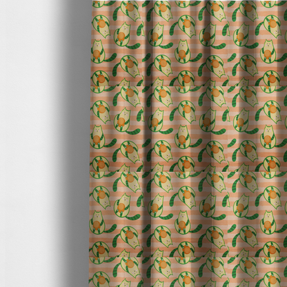 The fabric used to create these made-to-measure curtains is a playful repeating pattern fabric featuring whimsical illustrated "avocatos"—cats shaped like avocado halves with green striped tails and orange pits—over a light peach background with horizontal orange stripes.
