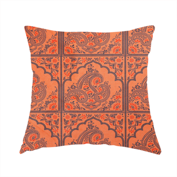 The fabric used to create this handmade cushion is a repeating pattern of arched panels filled with intricate paisley motifs and floral details.