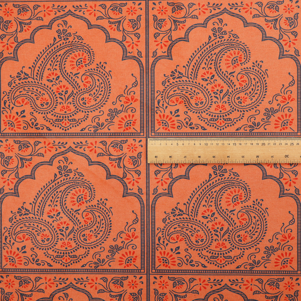 A repeating pattern of arched panels filled with intricate paisley motifs and floral details.