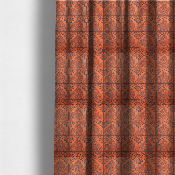 The fabric used to create these made-to-measure curtains is a repeating pattern of arched panels filled with intricate paisley motifs and floral details.