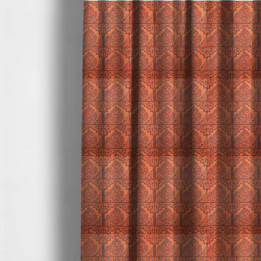 The fabric used to create these made-to-measure curtains is a repeating pattern of arched panels filled with intricate paisley motifs and floral details.