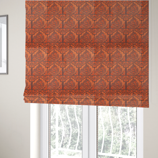 The fabric used to create these Roman blinds is a repeating pattern of arched panels filled with intricate paisley motifs and floral details.