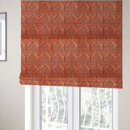 The fabric used to create these Roman blinds is a repeating pattern of arched panels filled with intricate paisley motifs and floral details.