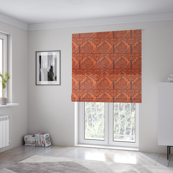The fabric used to create these Roman blinds is a repeating pattern of arched panels filled with intricate paisley motifs and floral details.