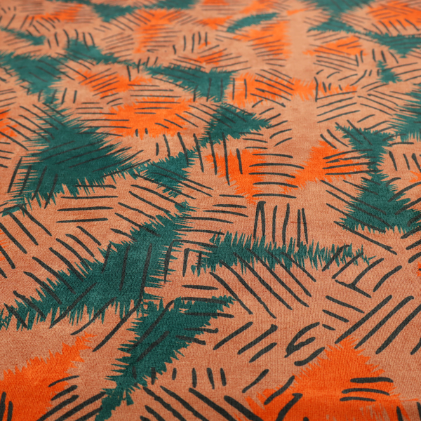 The image displays an abstract, textured textile design featuring rough, hatched brushstroke patterns layered across the surface.