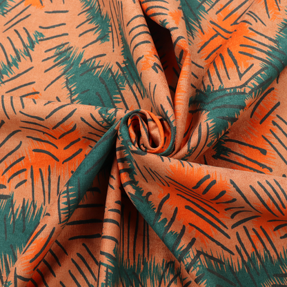 The image displays an abstract, textured textile design featuring rough, hatched brushstroke patterns layered across the surface.