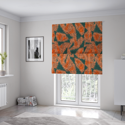 The fabric used to create these Roman blinds is an abstract, textured textile design featuring rough, hatched brushstroke patterns layered across the surface.