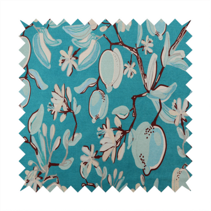 A botanical fabric design with trailing branches adorned with oval citrus fruit motifs, leaves, and small blossoms.