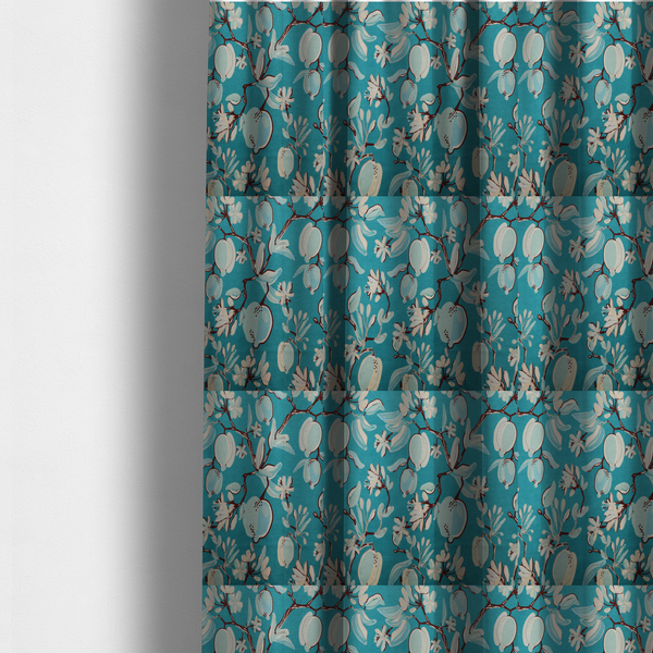 The fabric used to create these made-to-measure curtains is a botanical fabric design with trailing branches adorned with oval citrus fruit motifs, leaves, and small blossoms.