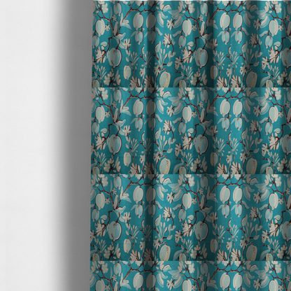 The fabric used to create these made-to-measure curtains is a botanical fabric design with trailing branches adorned with oval citrus fruit motifs, leaves, and small blossoms.