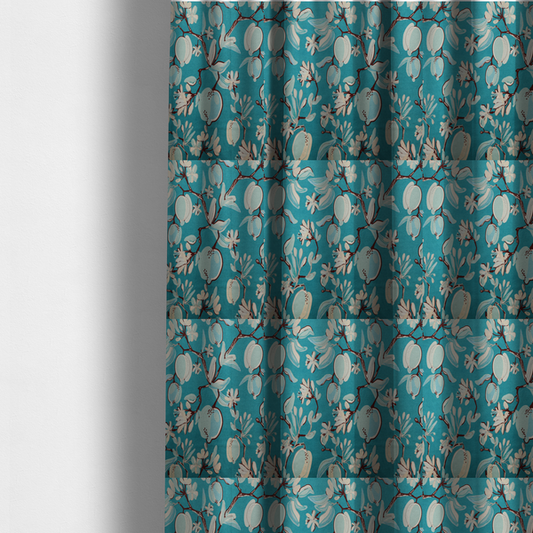 The fabric used to create these made-to-measure curtains is a botanical fabric design with trailing branches adorned with oval citrus fruit motifs, leaves, and small blossoms.