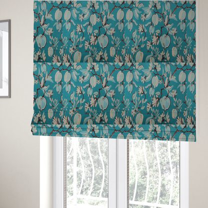 The fabric used to create these Roman blinds is a botanical fabric design with trailing branches adorned with oval citrus fruit motifs, leaves, and small blossoms.