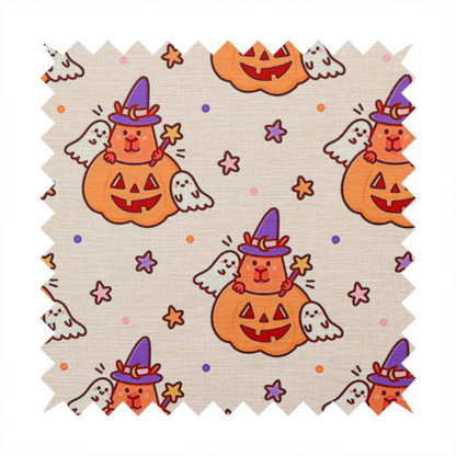 A seamless, repeating Halloween-themed pattern featuring cute capybaras dressed as witches with purple hats and holding magic star wands, peeking out of carved jack-o'-lantern pumpkins, accompanied by friendly little ghosts, orange and purple stars, and polka dots on a light fabric-textured background.