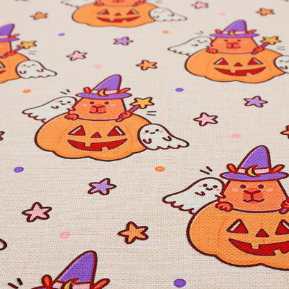 A seamless, repeating Halloween-themed pattern featuring cute capybaras dressed as witches with purple hats and holding magic star wands, peeking out of carved jack-o'-lantern pumpkins, accompanied by friendly little ghosts, orange and purple stars, and polka dots on a light fabric-textured background.