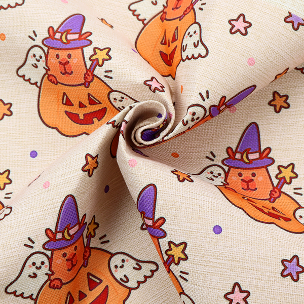 A seamless, repeating Halloween-themed pattern featuring cute capybaras dressed as witches with purple hats and holding magic star wands, peeking out of carved jack-o'-lantern pumpkins, accompanied by friendly little ghosts, orange and purple stars, and polka dots on a light fabric-textured background.