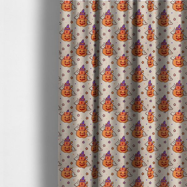 The fabric used to create these made-to-measure curtains is a seamless, repeating Halloween-themed pattern featuring cute capybaras dressed as witches with purple hats and holding magic star wands, peeking out of carved jack-o'-lantern pumpkins, accompanied by friendly little ghosts, orange and purple stars, and polka dots on a light fabric-textured background.