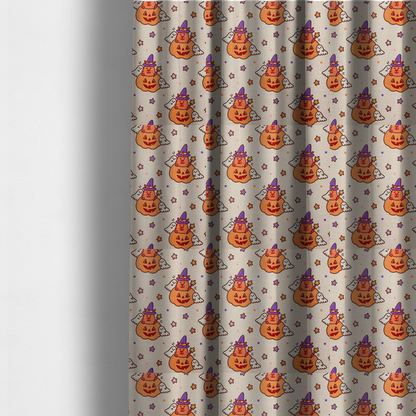 The fabric used to create these made-to-measure curtains is a seamless, repeating Halloween-themed pattern featuring cute capybaras dressed as witches with purple hats and holding magic star wands, peeking out of carved jack-o'-lantern pumpkins, accompanied by friendly little ghosts, orange and purple stars, and polka dots on a light fabric-textured background.