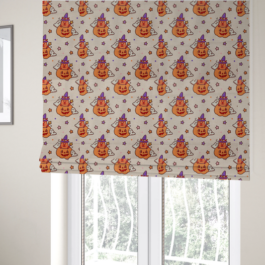 The fabric used to create these Roman blinds is a seamless, repeating Halloween-themed pattern featuring cute capybaras dressed as witches with purple hats and holding magic star wands, peeking out of carved jack-o'-lantern pumpkins, accompanied by friendly little ghosts, orange and purple stars, and polka dots on a light fabric-textured background.