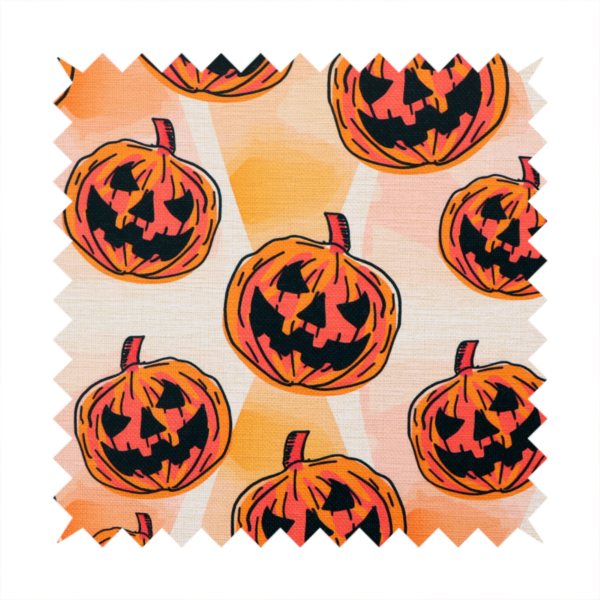 A seamless, repeating Halloween-themed pattern featuring vibrant orange carved jack-o'-lantern pumpkins with bold, black spooky expressions and lined details set against an abstract geometric orange and cream background.
