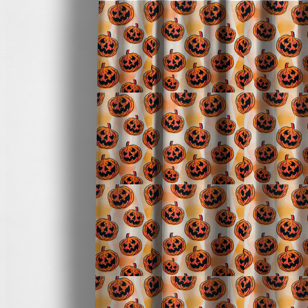 The fabric used to create these made-to-measure curtains is a seamless, repeating Halloween-themed pattern featuring vibrant orange carved jack-o'-lantern pumpkins with bold, black spooky expressions and lined details set against an abstract geometric orange and cream background.