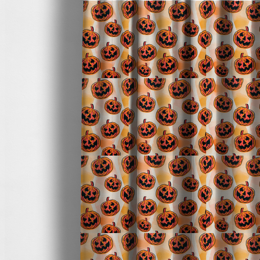 The fabric used to create these made-to-measure curtains is a seamless, repeating Halloween-themed pattern featuring vibrant orange carved jack-o'-lantern pumpkins with bold, black spooky expressions and lined details set against an abstract geometric orange and cream background.