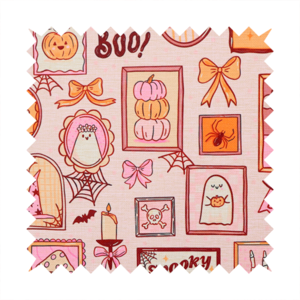 A seamless, repeating Halloween-themed pattern featuring a pink gallery wall filled with framed art, including cute ghosts, stacked pumpkins, a witch hat, a "Spooky Season" sign, bats, mushrooms, bows, spiderwebs, candles, and a skeletal peace sign hand on a light pink textured background.