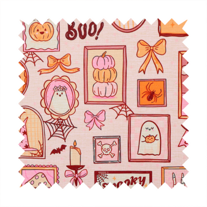 A seamless, repeating Halloween-themed pattern featuring a pink gallery wall filled with framed art, including cute ghosts, stacked pumpkins, a witch hat, a "Spooky Season" sign, bats, mushrooms, bows, spiderwebs, candles, and a skeletal peace sign hand on a light pink textured background.