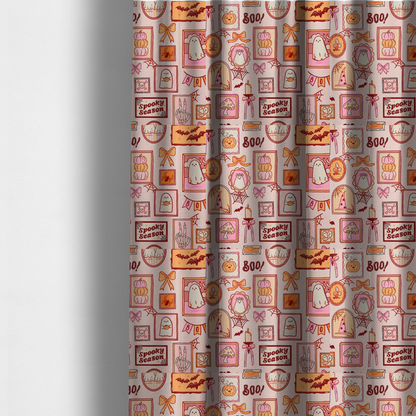 The fabric used to create these made-to-measure curtains is a seamless, repeating Halloween-themed pattern featuring a pink gallery wall filled with framed art, including cute ghosts, stacked pumpkins, a witch hat, a "Spooky Season" sign, bats, mushrooms, bows, spiderwebs, candles, and a skeletal peace sign hand on a light pink textured background.