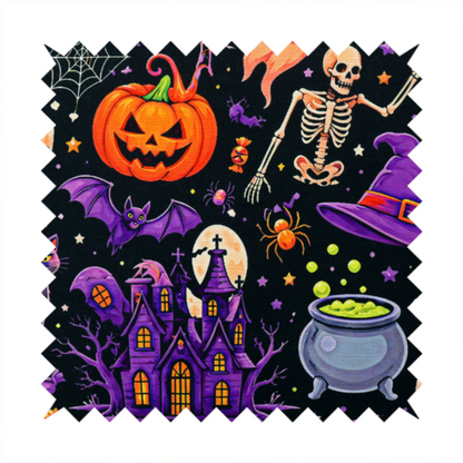 A seamless, repeating Halloween-themed pattern featuring a spooky black background crowded with a haunted purple house, a dancing skeleton, a boiling cauldron with green potion, smiling jack-o'-lantern pumpkins, friendly ghosts, a purple witch hat, a purple cat, flying bats, spiders, spiderwebs, candy, and colourful stars.