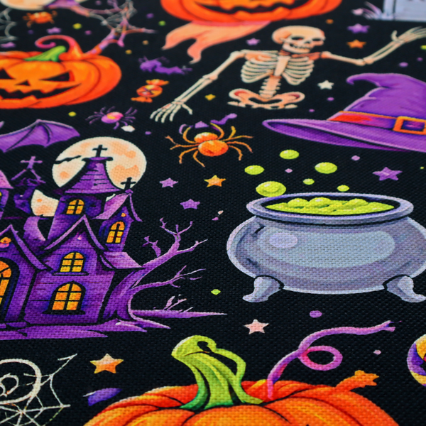 A seamless, repeating Halloween-themed pattern featuring a spooky black background crowded with a haunted purple house, a dancing skeleton, a boiling cauldron with green potion, smiling jack-o'-lantern pumpkins, friendly ghosts, a purple witch hat, a purple cat, flying bats, spiders, spiderwebs, candy, and colourful stars.